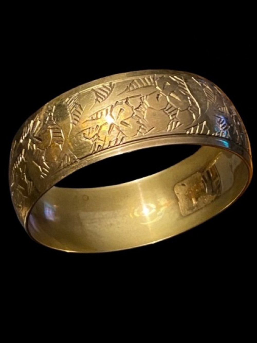 Vintage Engraved Brass Bangle Bracelet Ornate Floral Design MCM Bohemian Style